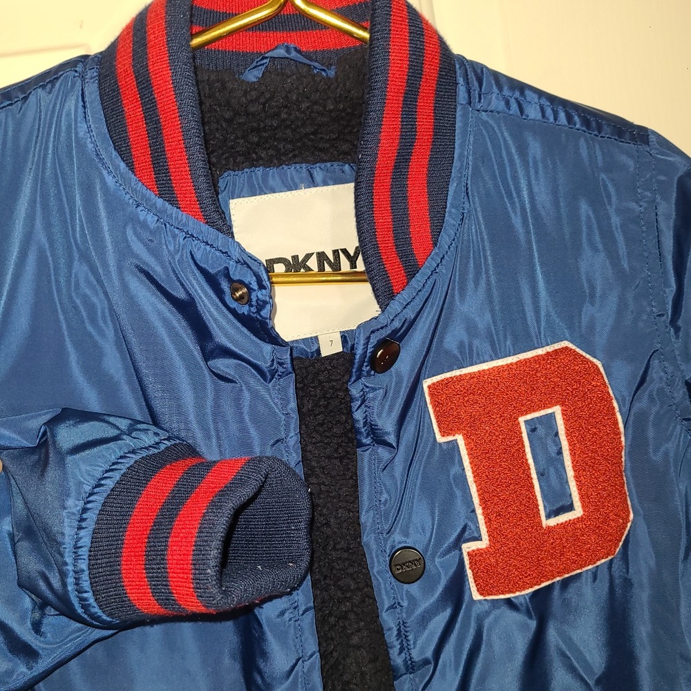 DKNY Outerwear Letterman Varsity Jacket Royal Blue Faux Fur Lined Boys Sz 7